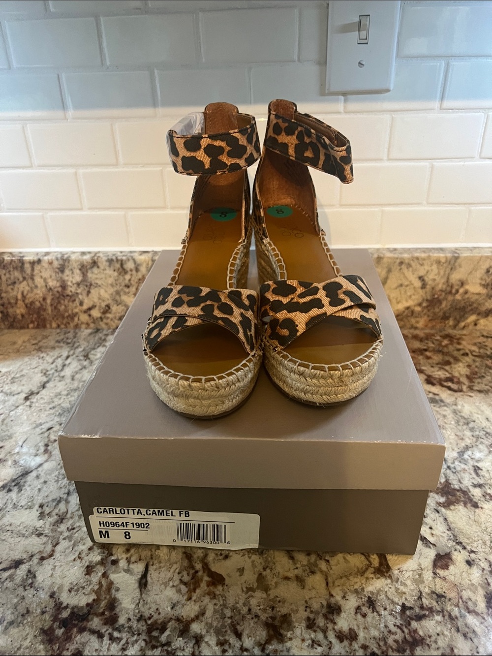 New with in box. Franco Sarto Leopard Print Espadrille Wedge Sandals - Camel